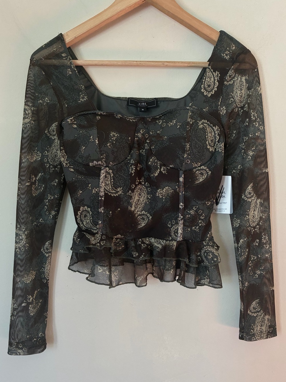 Vibe Sportswear Paisley Mesh Corset  Grunge Goth Top Long Sleeve  Ruffle Brown M